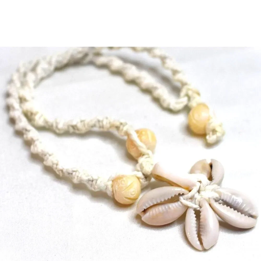 Vintage Island Cowrie/Nassa Shell Flower Etched Beads Braided Hemp 15
